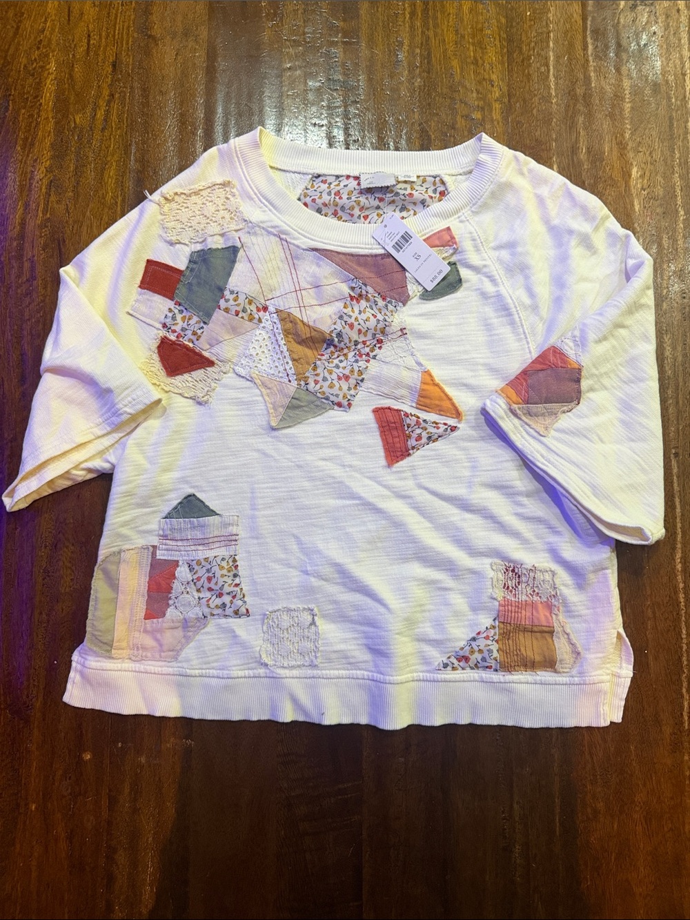 Anthropologie Cream Short-Sleeve Patchwork Tee with Multicolor Accents